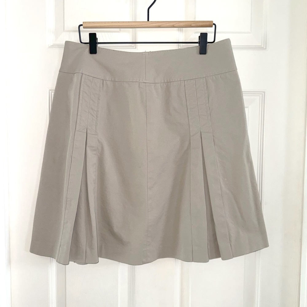 Ann Taylor LOFT Khaki Tan Pleated A-Line Skirt Side Zip Cotton Stretch Size 10
